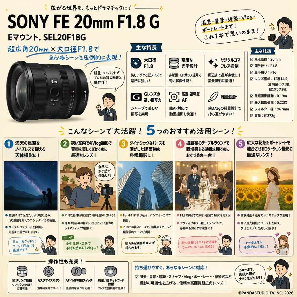 SONY FE 20mm F1.8 G Eマウント. SEL20F18G 用途