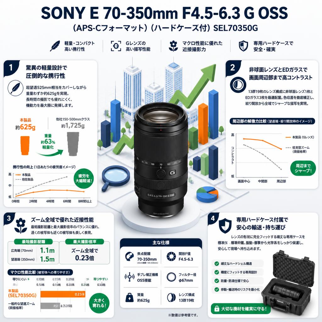 SONY E 70-350mm F4.5-6.3 G OSS （APS-Cフォーマット)(ハードケ－ス付) SEL70350G セールスポイント