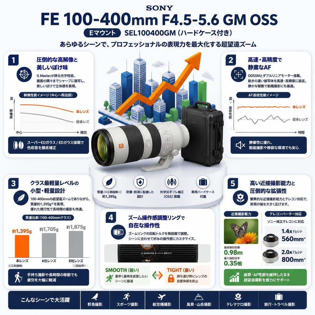 SONY FE 100-400mm F4.5-5.6 GM OSS  Eマウント SEL100400GM（ハードケース付き) セールスポイント