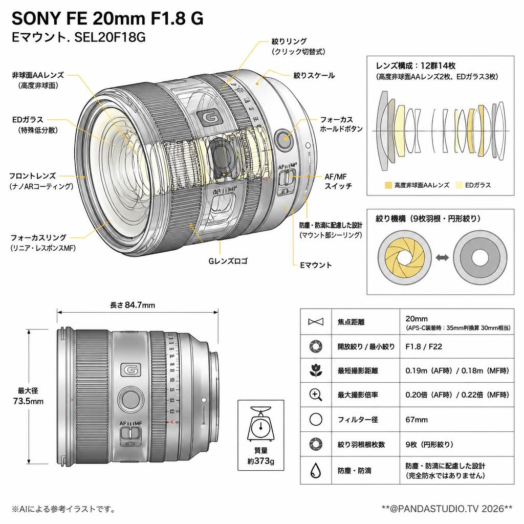 SONY FE 20mm F1.8 G Eマウント. SEL20F18G スペック