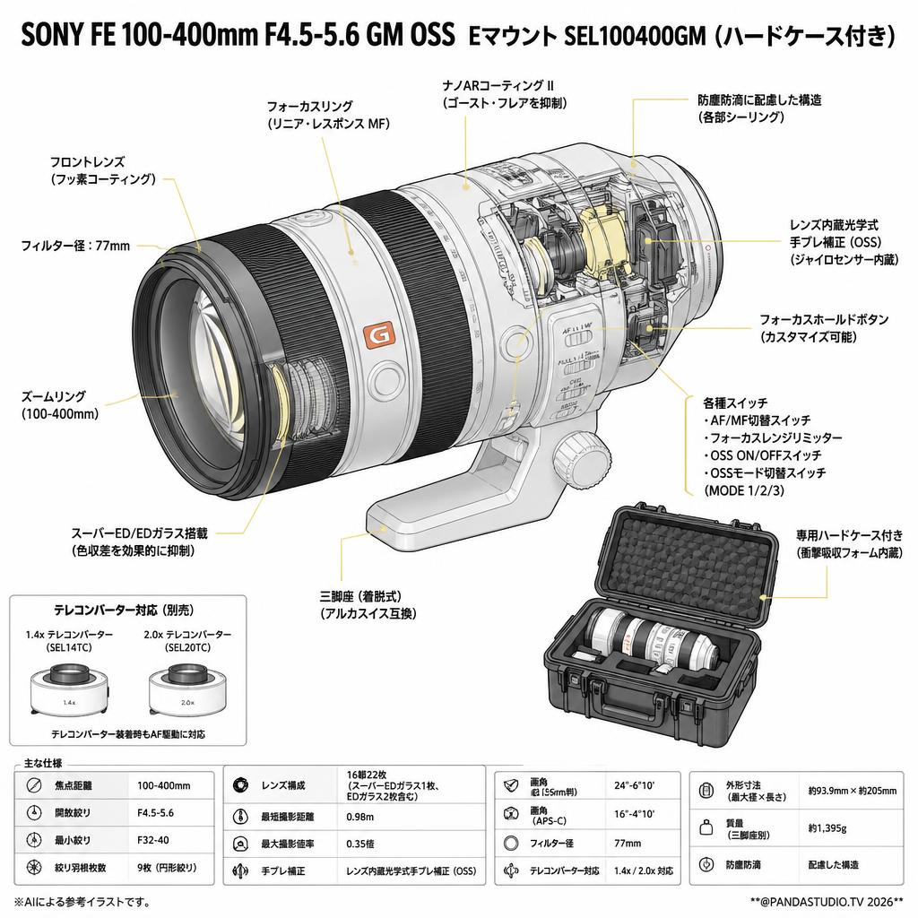 SONY FE 100-400mm F4.5-5.6 GM OSS  Eマウント SEL100400GM（ハードケース付き) スペック