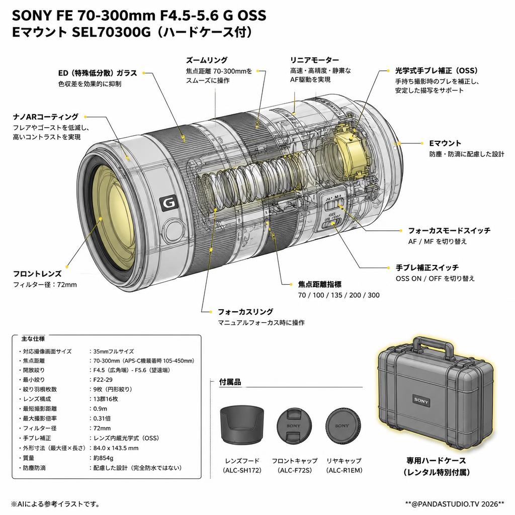 SONY FE 70-300mm F4.5-5.6 G OSS Eマウント SEL70300G (ハードケ－ス付) スペック