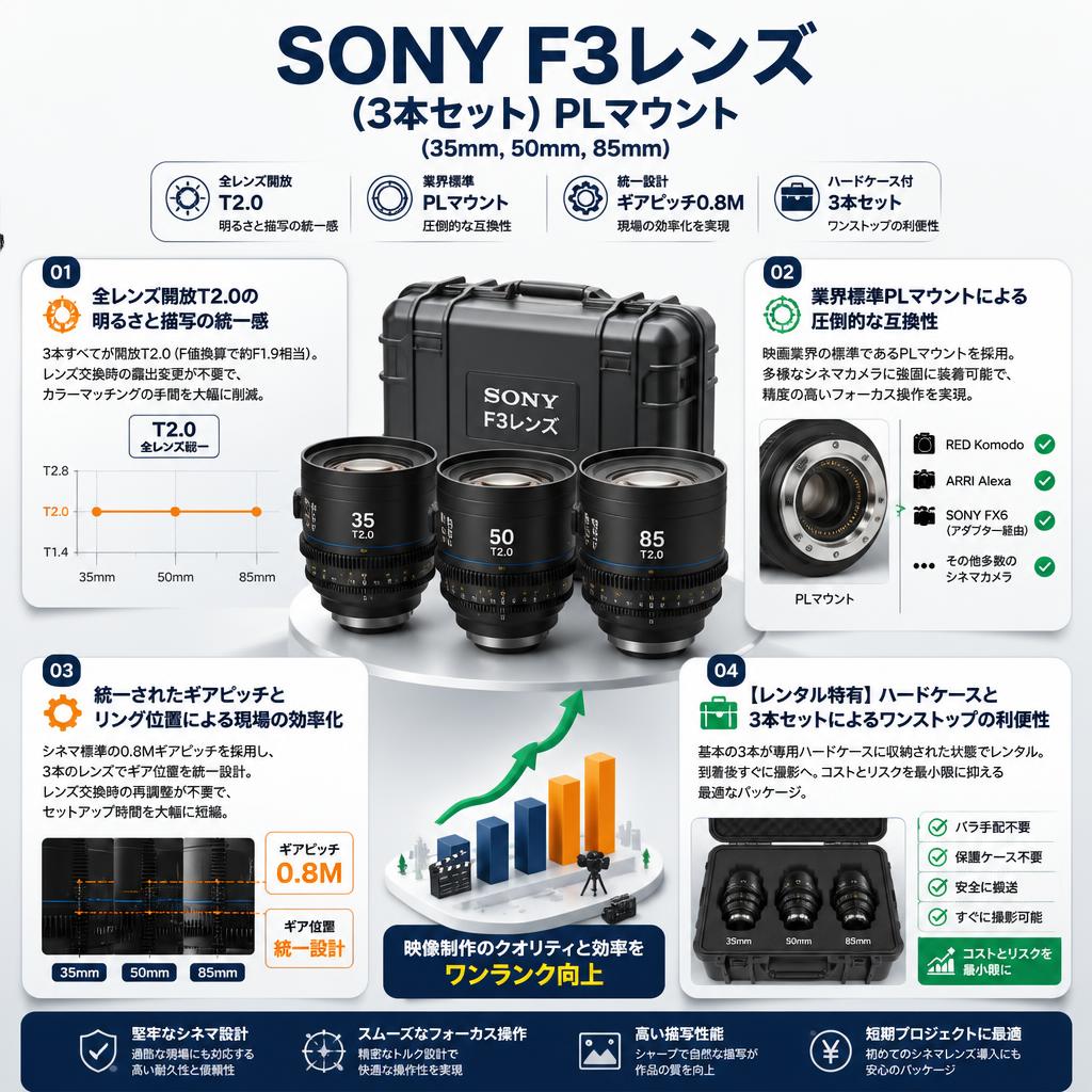 SONY F3レンズ (3本セット) PLマウント(35mm,50mm,85mm)ハードケ－ス付 セールスポイント