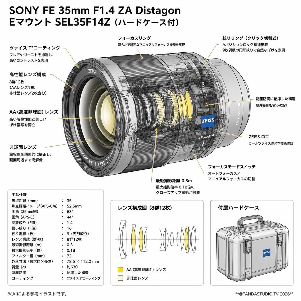 SONY FE 35mm F1.4 ZA Distagon EマウントSEL35F14Z (ハードケ－ス付) スペック