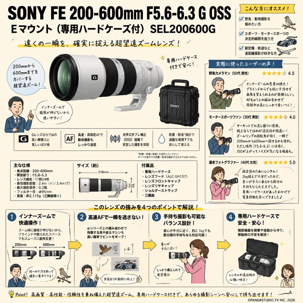 SONY FE 200-600mm F5.6-6.3 G OSS Eマウント(専用ハードケース付) SEL200600G インターネット上のお客様の声（評判）