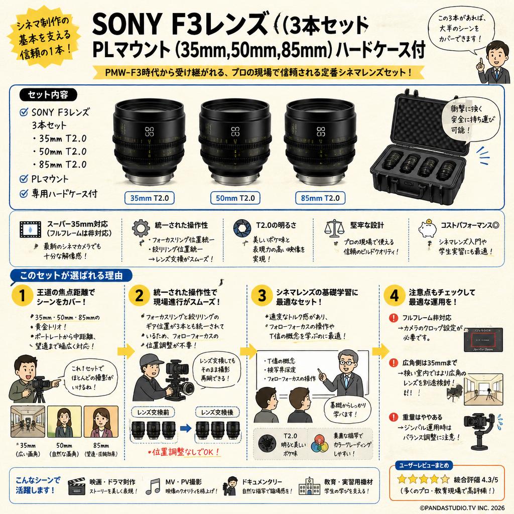 SONY F3レンズ (3本セット) PLマウント(35mm,50mm,85mm)ハードケ－ス付 インターネット上のお客様の声（評判）