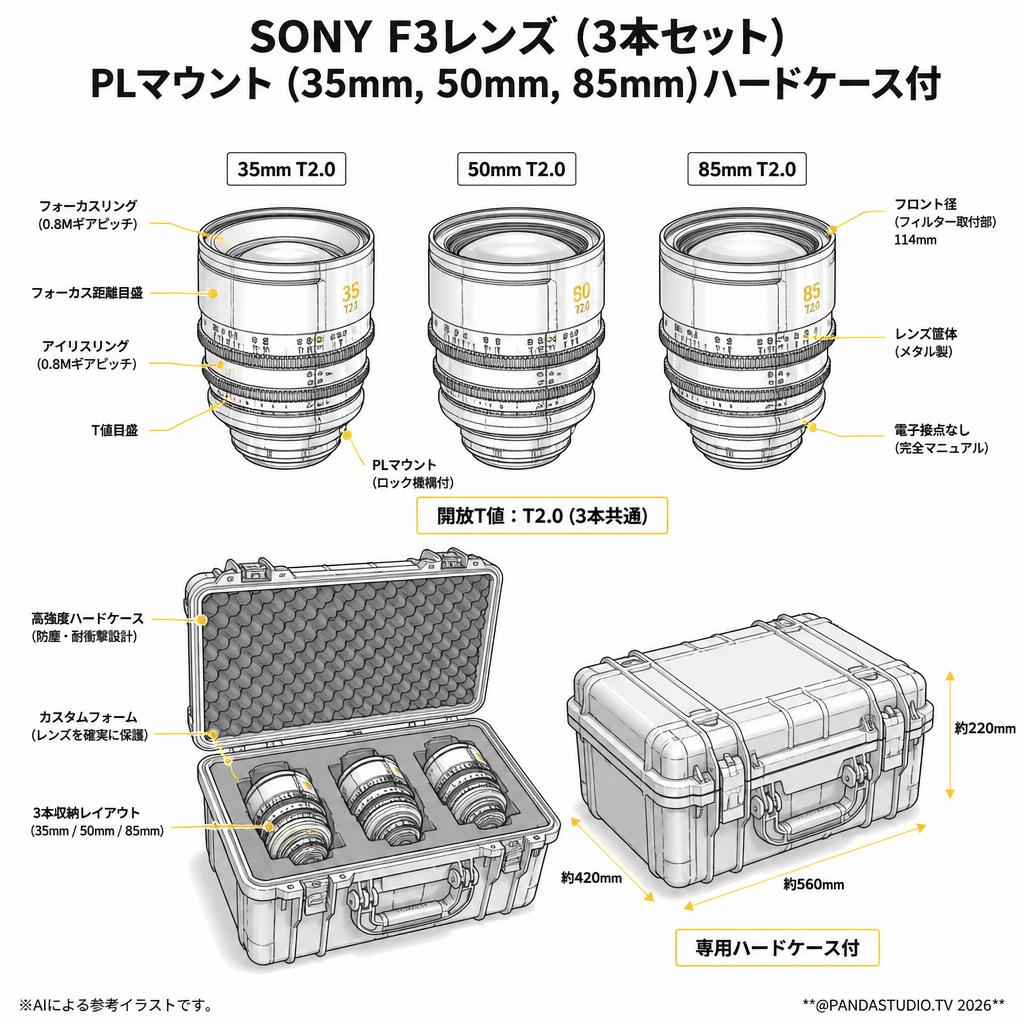 SONY F3レンズ (3本セット) PLマウント(35mm,50mm,85mm)ハードケ－ス付 スペック