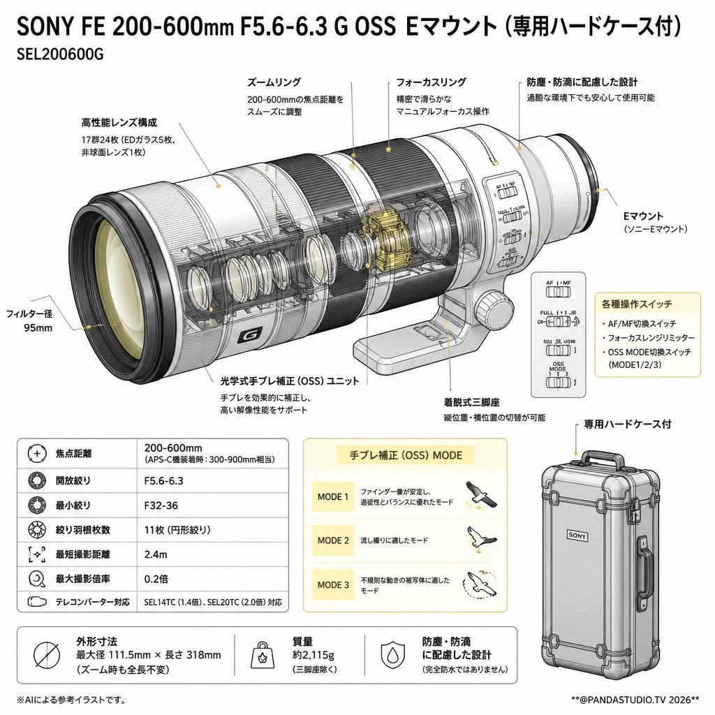 SONY FE 200-600mm F5.6-6.3 G OSS Eマウント(専用ハードケース付) SEL200600G スペック