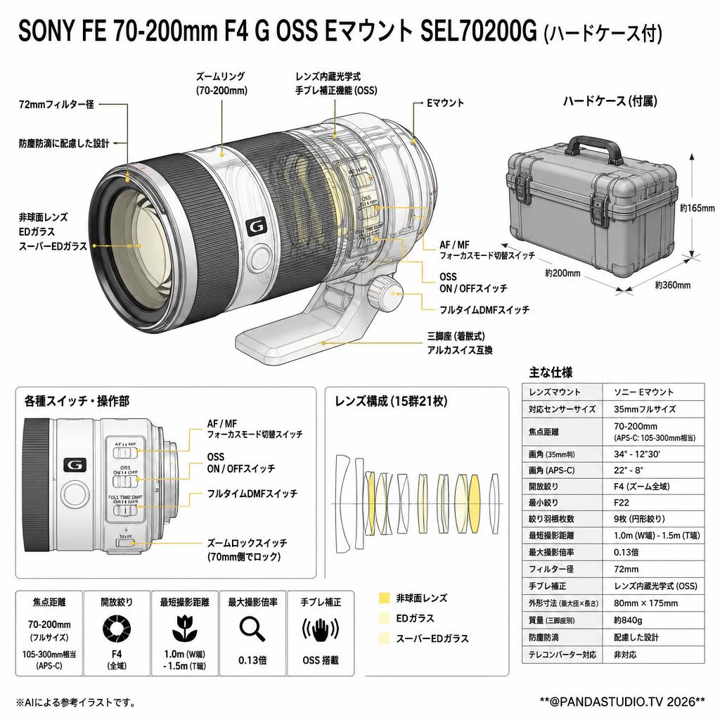 SONY FE 70-200mm F4 G OSS Eマウント SEL70200G (ハードケ－ス付) スペック