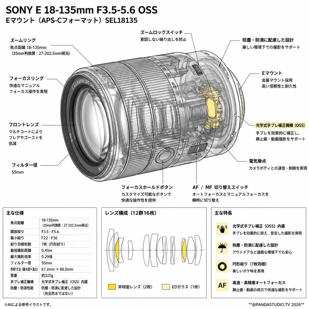 SONY E 18-135mm F3.5-5.6 OSS Eマウント（APS-Cフォーマット） SEL18135 スペック