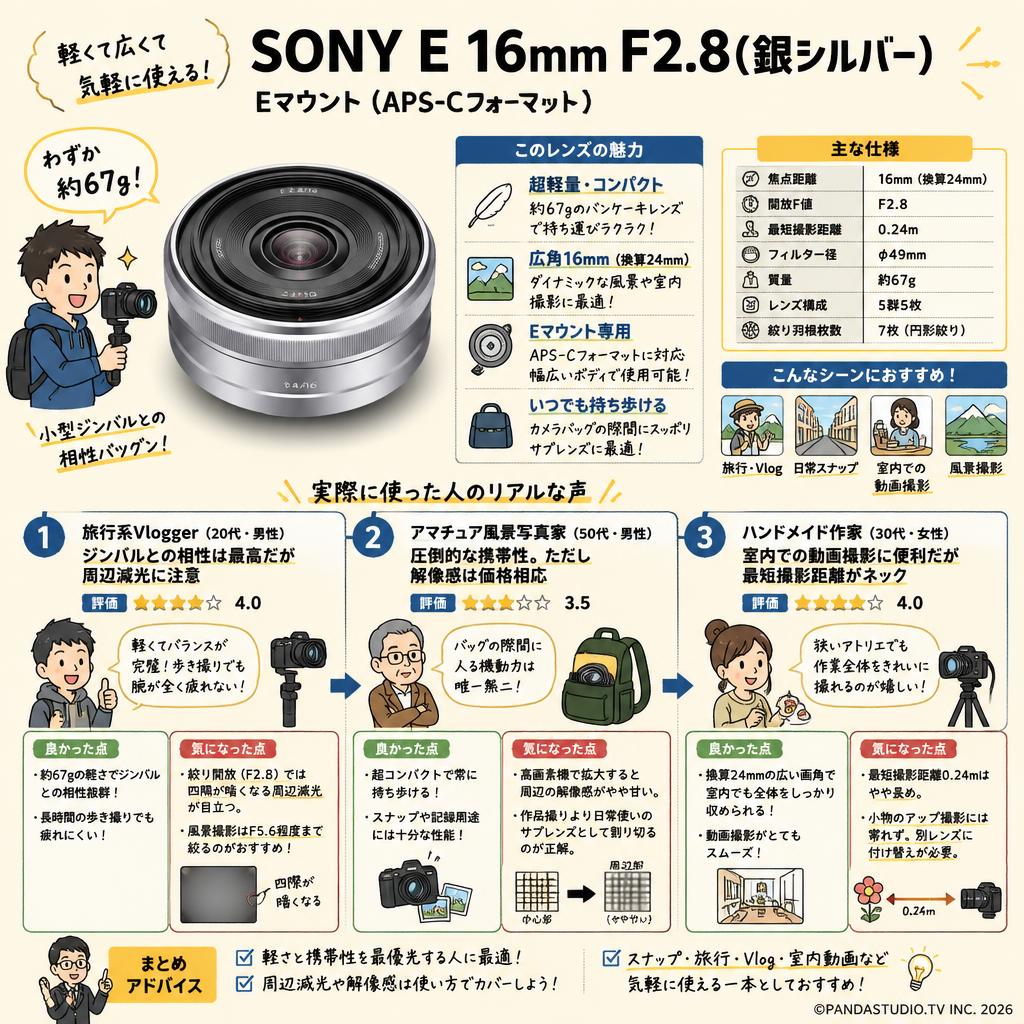 SONY E 16mm F2.8(銀シルバー) Eマウント（APS-Cフォーマット） インターネット上のお客様の声（評判）