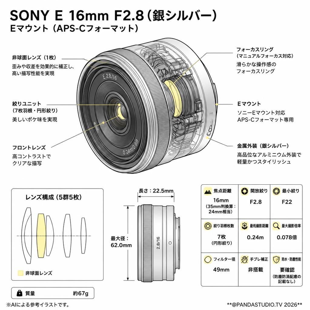 SONY E 16mm F2.8(銀シルバー) Eマウント（APS-Cフォーマット） スペック