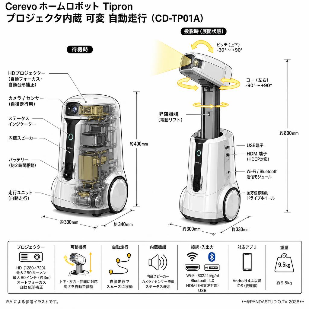 Cerevo ホームロボット Tipron プロジェクタ内蔵 可変 自動走行（CDP-TP01A） スペック