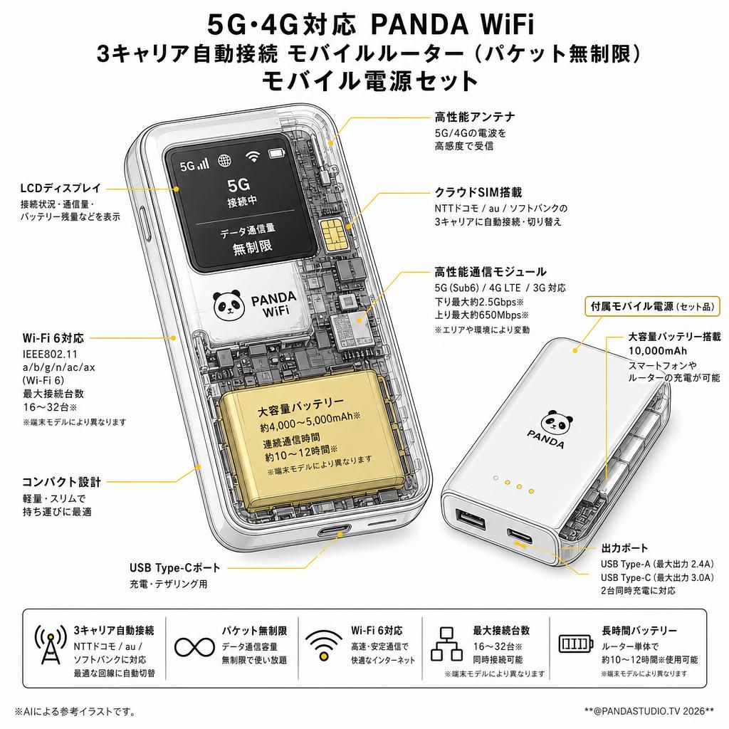 5G・4G対応 PANDA WiFi 3キャリア自動接続 モバイルルーター（パケット無制限） モバイル電源セット スペック