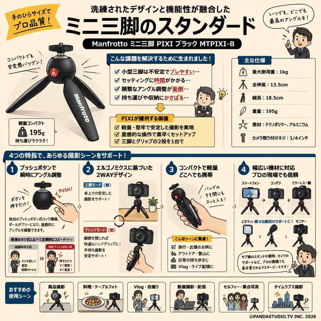 Manfrotto ミニ三脚 PIXI ブラック MTPIXI-B 概要