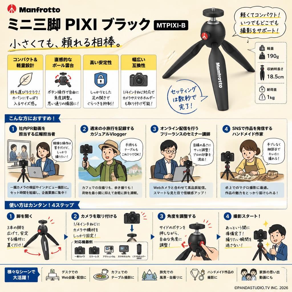Manfrotto ミニ三脚 PIXI ブラック MTPIXI-B おもな対象のお客様