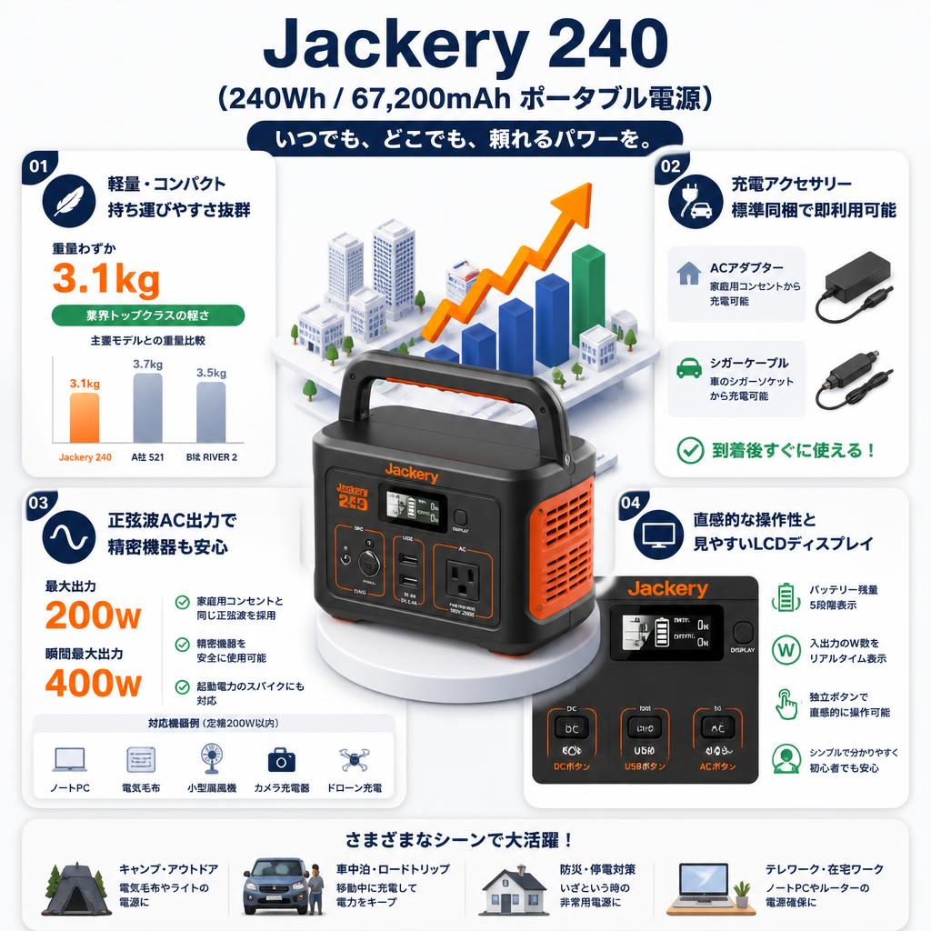 Jackery 240 (240Wh/67,200mAh ポータブル電源) セールスポイント