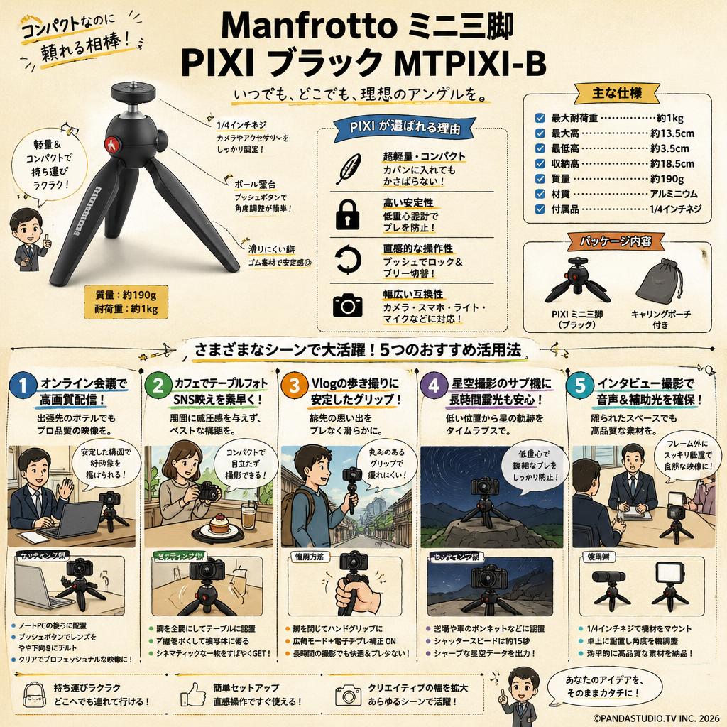 Manfrotto ミニ三脚 PIXI ブラック MTPIXI-B 用途