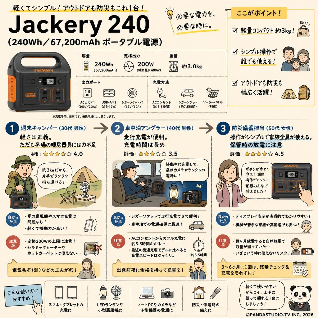 Jackery 240 (240Wh/67,200mAh ポータブル電源) インターネット上のお客様の声（評判）