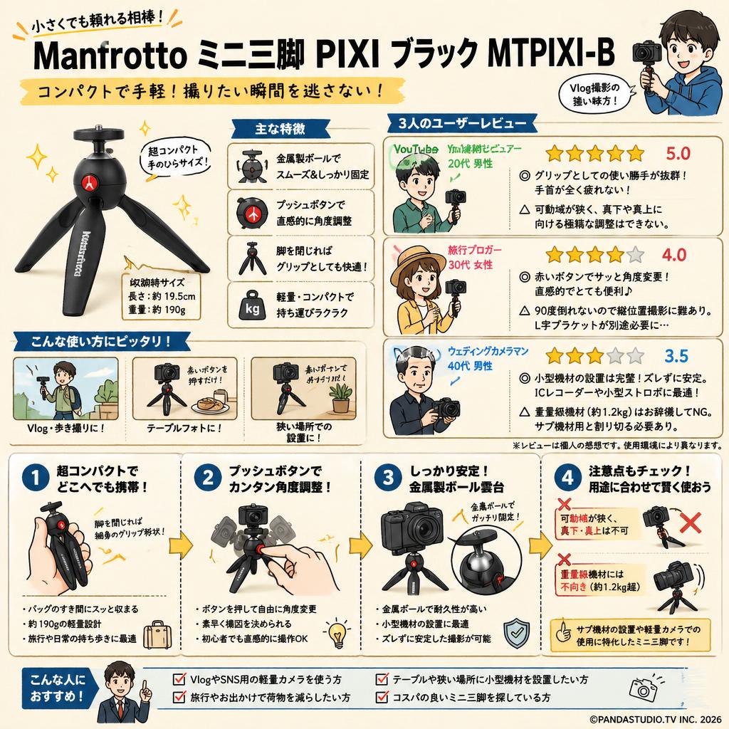 Manfrotto ミニ三脚 PIXI ブラック MTPIXI-B インターネット上のお客様の声（評判）