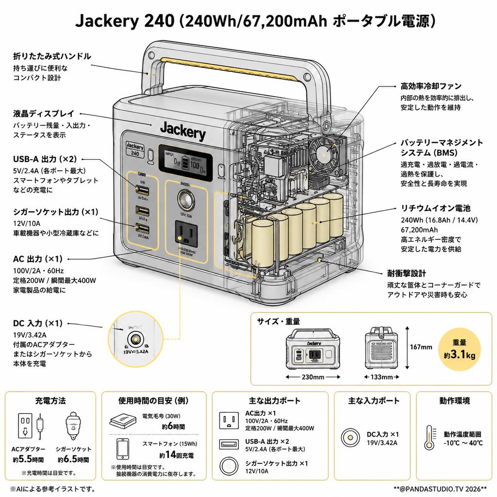 Jackery 240 (240Wh/67,200mAh ポータブル電源) スペック