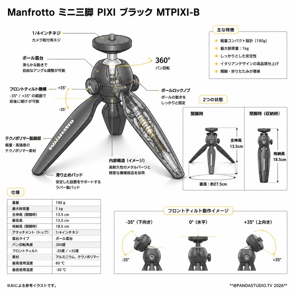 Manfrotto ミニ三脚 PIXI ブラック MTPIXI-B スペック