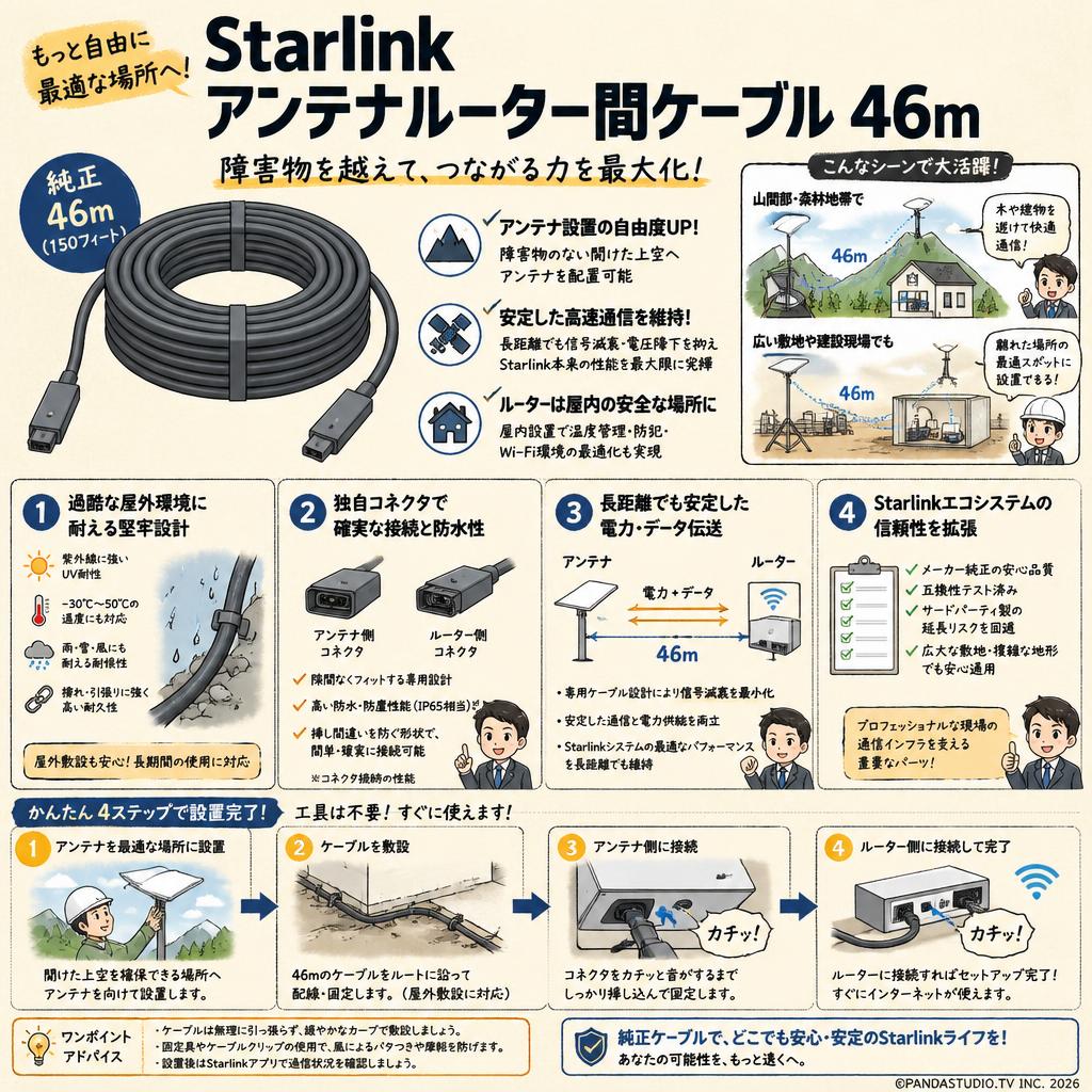 Starlink アンテナルーター間ケーブル 46m 概要