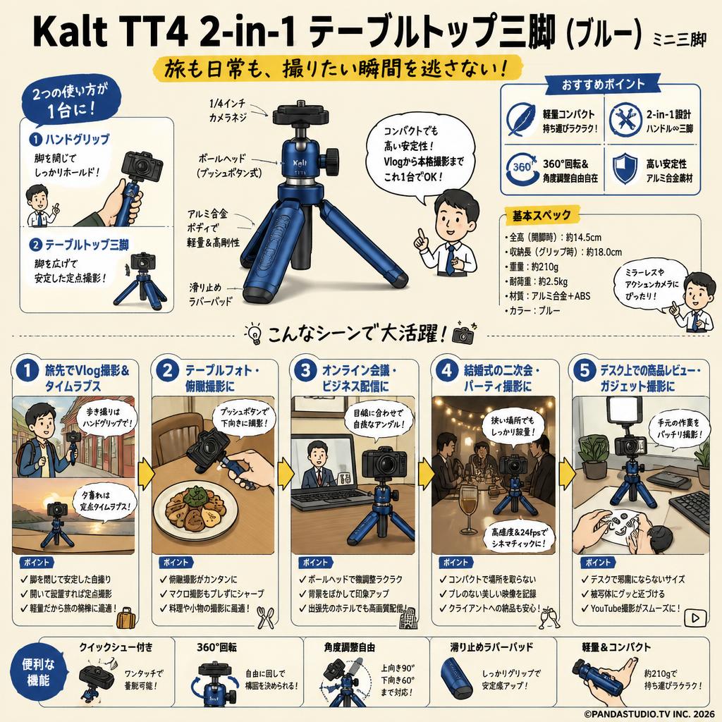Kalt TT4 2-in-1 Tabletop Tripod (Blue) ミニ三脚 用途
