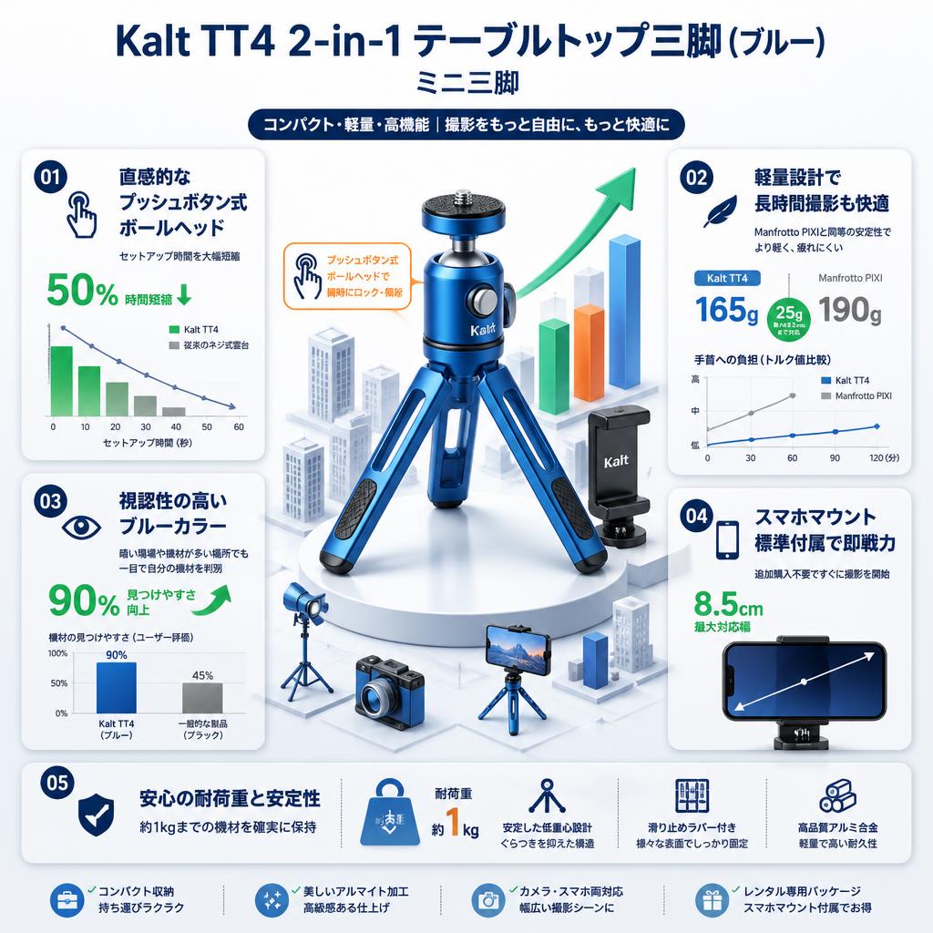 Kalt TT4 2-in-1 Tabletop Tripod (Blue) ミニ三脚 セールスポイント