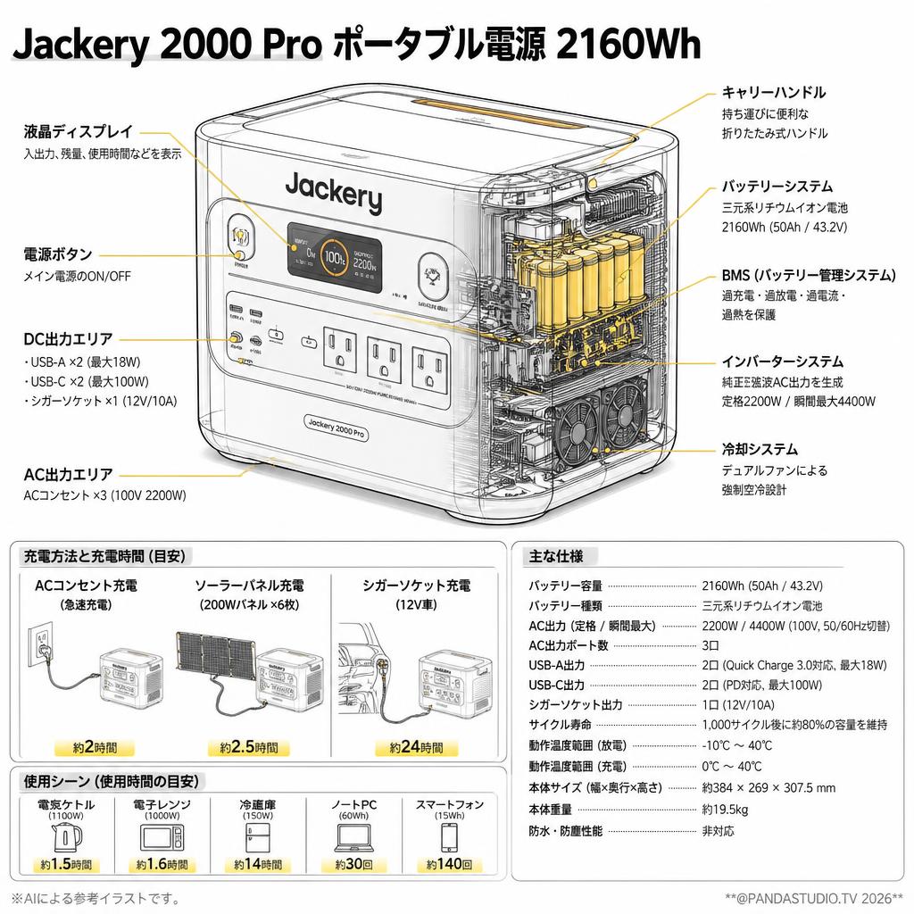 Jackery 2000 Pro ポータブル電源 2160Wh スペック