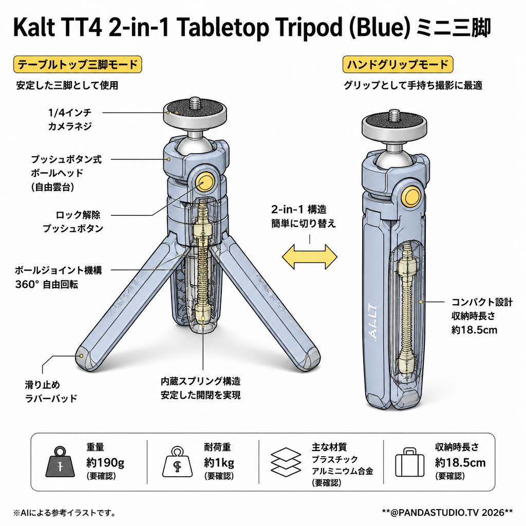 Kalt TT4 2-in-1 Tabletop Tripod (Blue) ミニ三脚 スペック