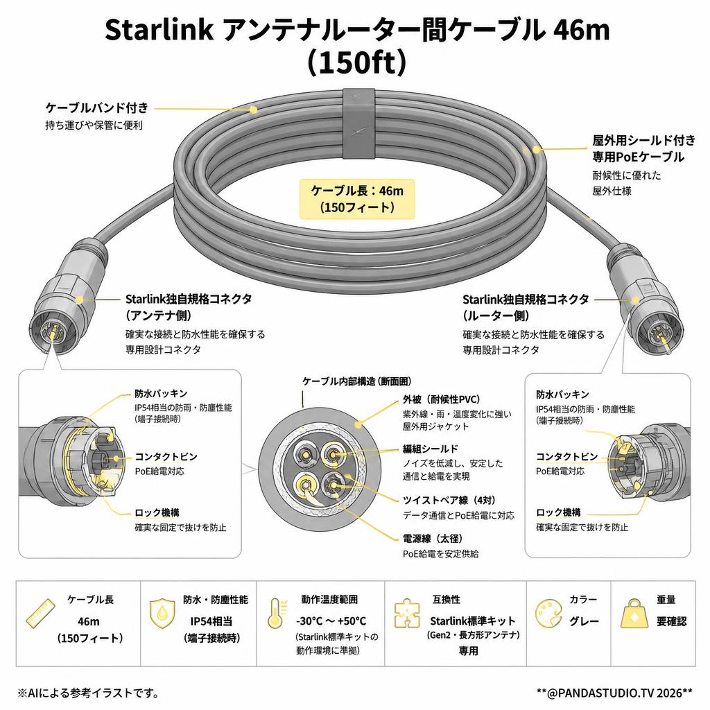 Starlink アンテナルーター間ケーブル 46m スペック