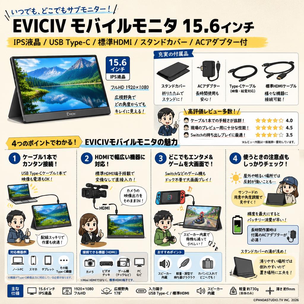 EVICIV モバイルモニタ 15.6インチ IPS液晶 USB Type-C/標準HDMI スタンドカバー ACアダプター付 インターネット上のお客様の声（評判）