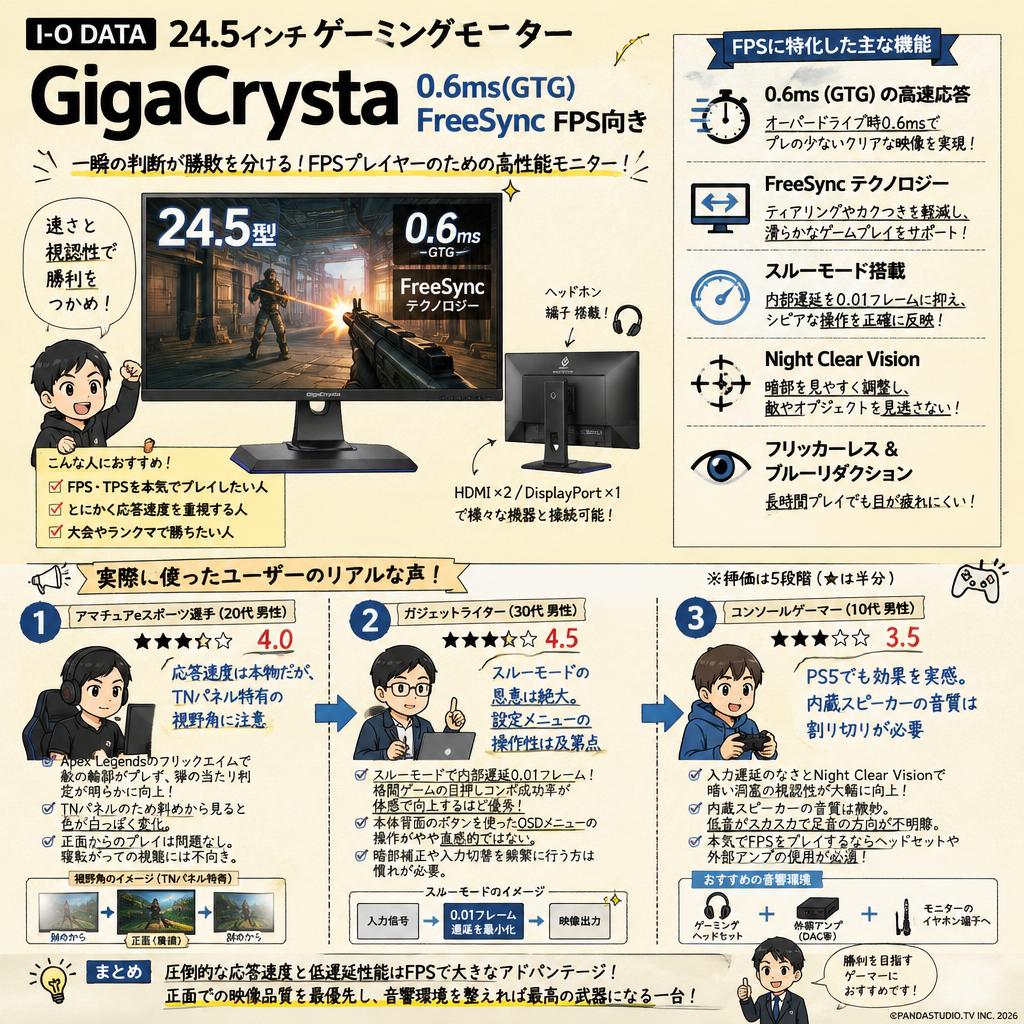 I-O DATA 24.5インチ ゲーミングモニター  GigaCrysta 0.6ms(GTG) FreeSync FPS向き インターネット上のお客様の声（評判）