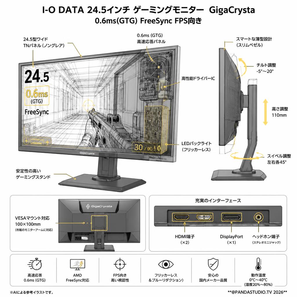 I-O DATA 24.5インチ ゲーミングモニター  GigaCrysta 0.6ms(GTG) FreeSync FPS向き スペック