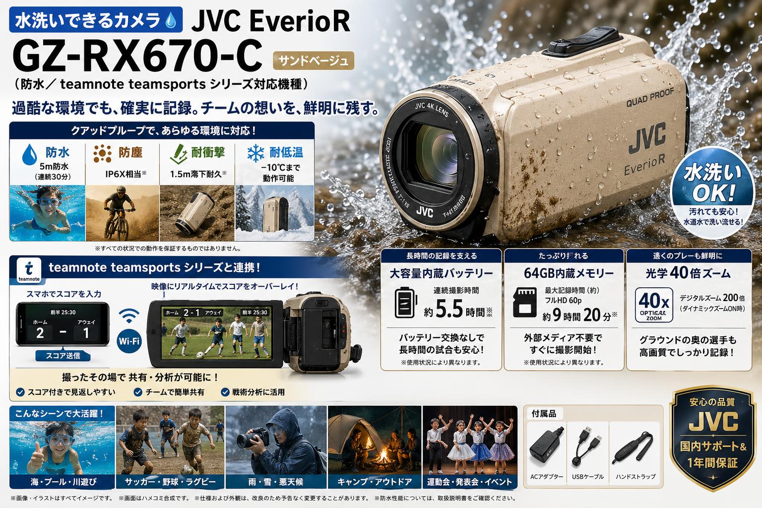 【水洗いできるカメラ】JVC EverioR GZ-RX670-C（防水／ teamnote teamsportsシリーズ対応機種）サンドベージュ 概要