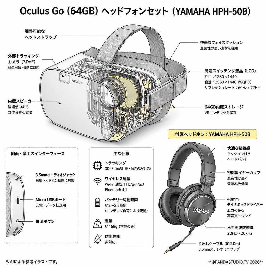 Oculus Go (64GB) ヘッドフォンセット（YAMAHA HPH-50B） スペック
