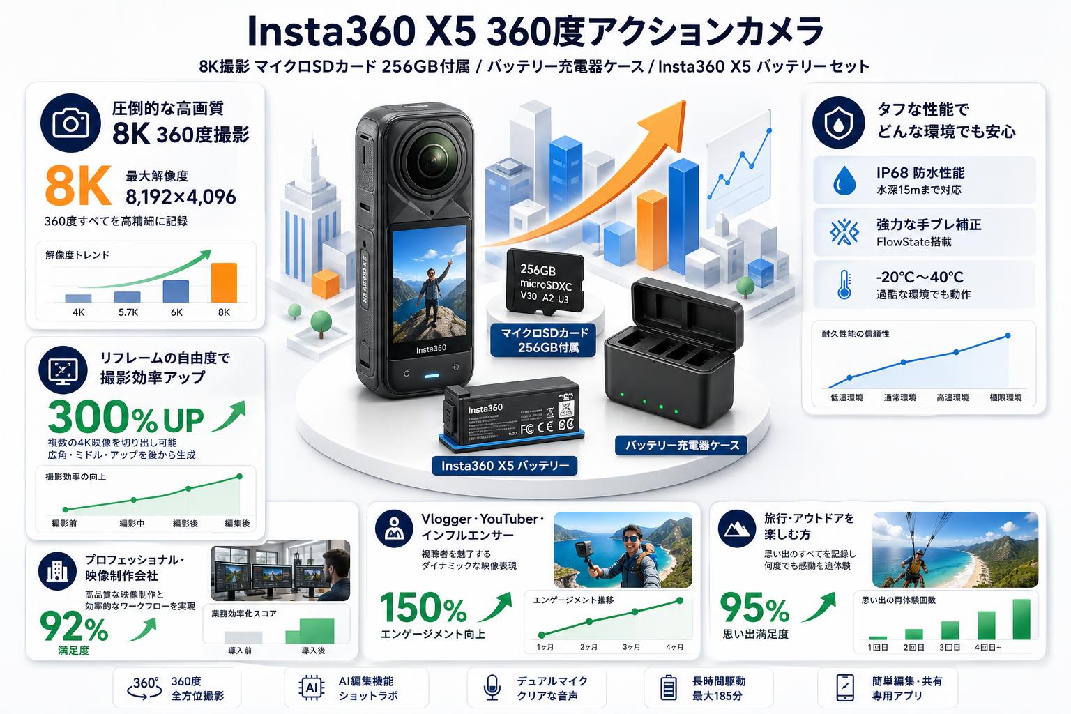 Insta360 X5 360度アクションカメラ 8K撮影 マイクロSDカード 256GB付属 /  バッテリー充電器ケース / Insta360 X5 バッテリー セット おもな対象のお客様