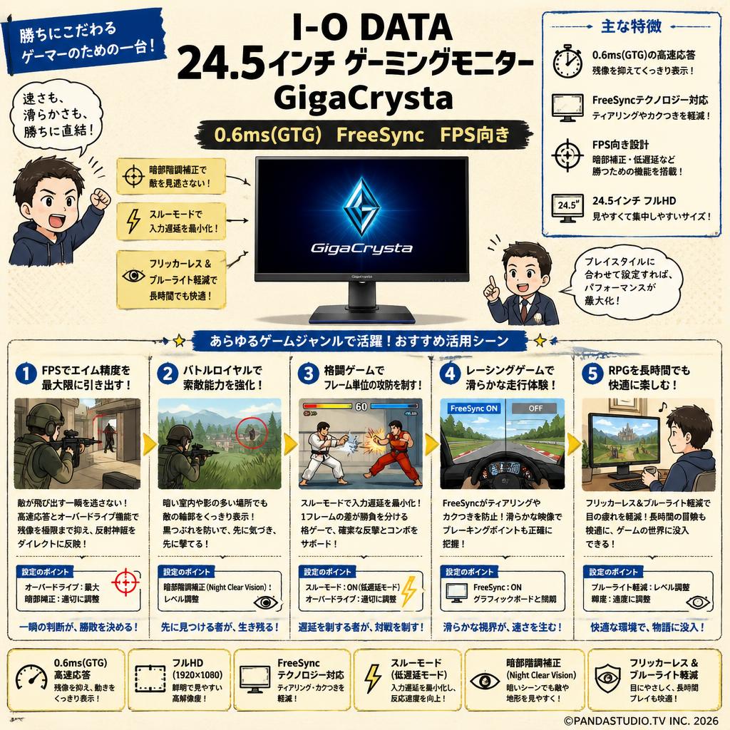 I-O DATA 24.5インチ ゲーミングモニター  GigaCrysta 0.6ms(GTG) FreeSync FPS向き 用途