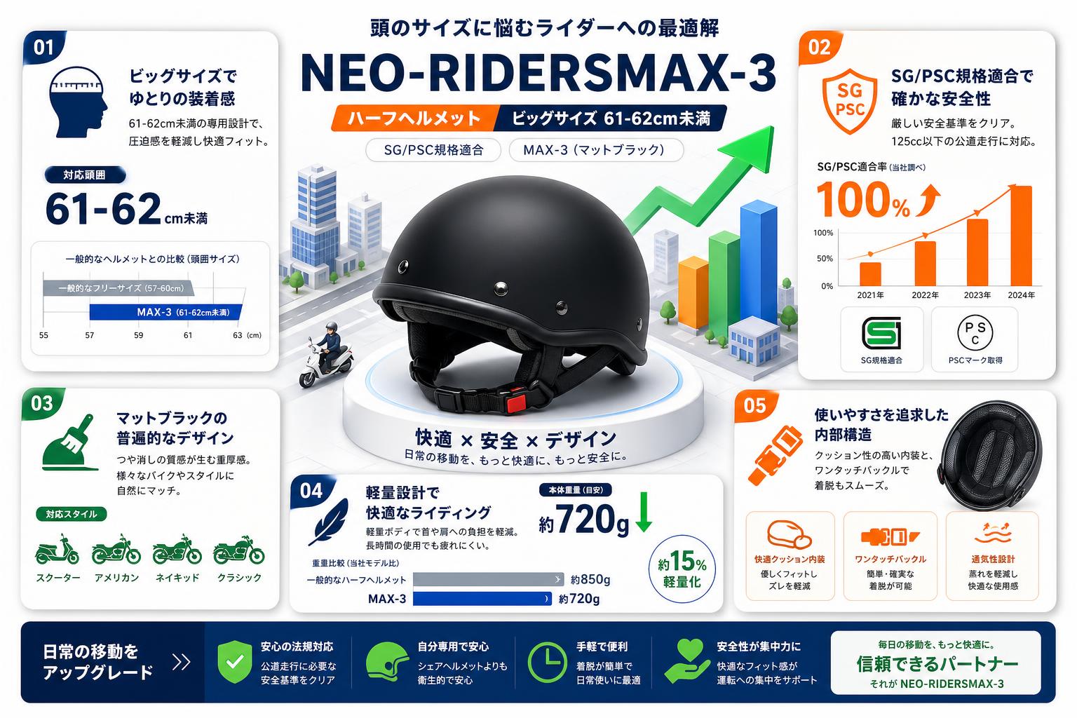 NEO-RIDERSMAX-3 ハーフヘルメット ビッグサイズ 61-62cm未満 SG/PSC MAX-3 (マットブラック) 概要