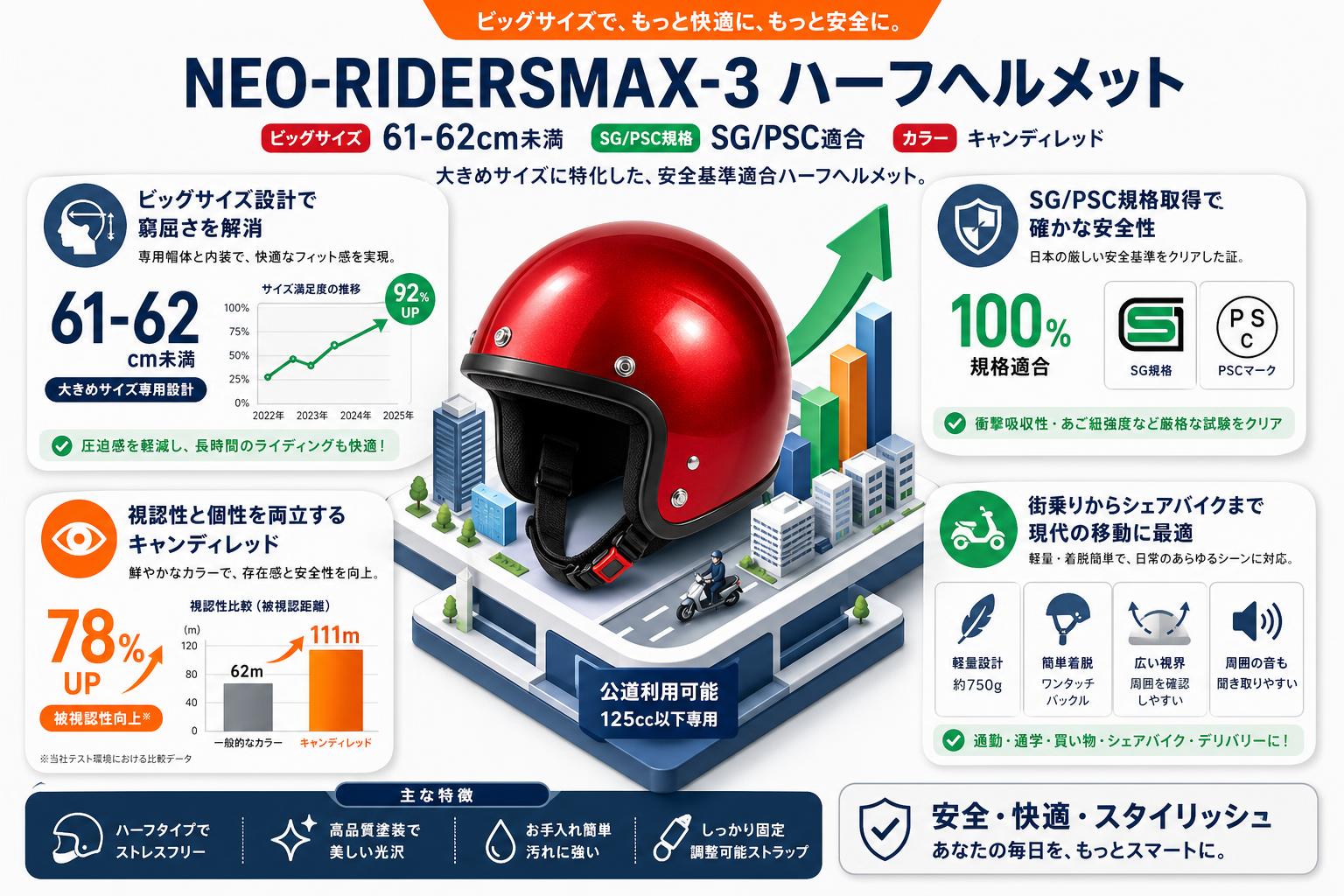 NEO-RIDERSMAX-3 ハーフヘルメット ビッグサイズ 61-62cm未満 SG/PSC MAX-3 (キャンディレッド) 概要