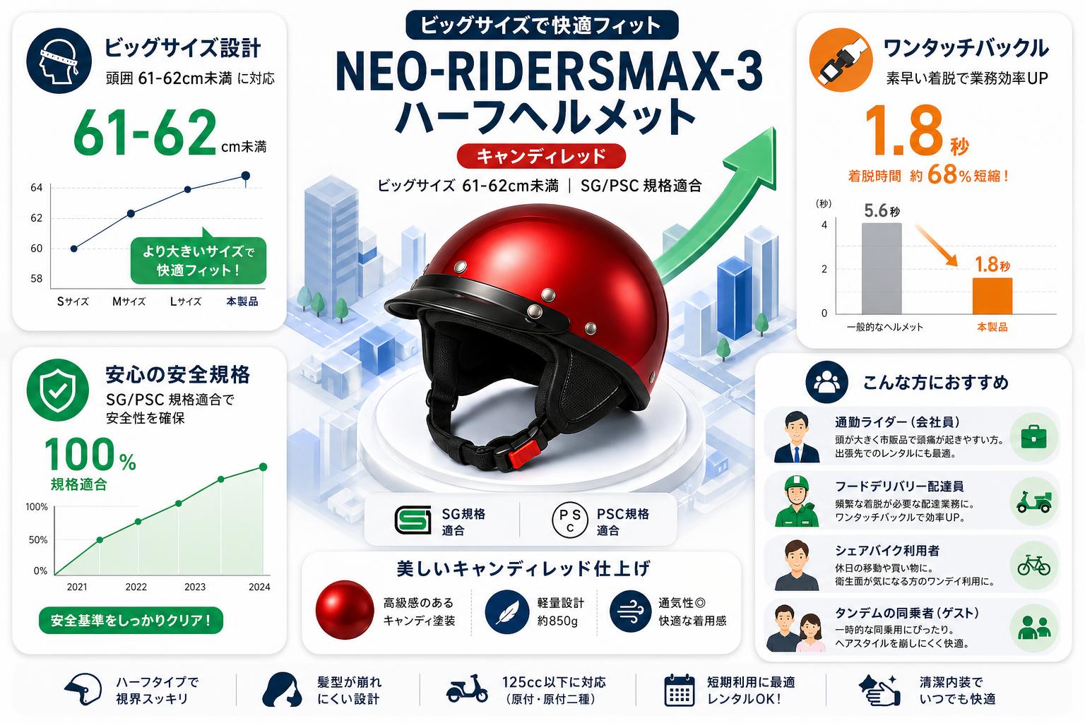 NEO-RIDERSMAX-3 ハーフヘルメット ビッグサイズ 61-62cm未満 SG/PSC MAX-3 (キャンディレッド) おもな対象のお客様