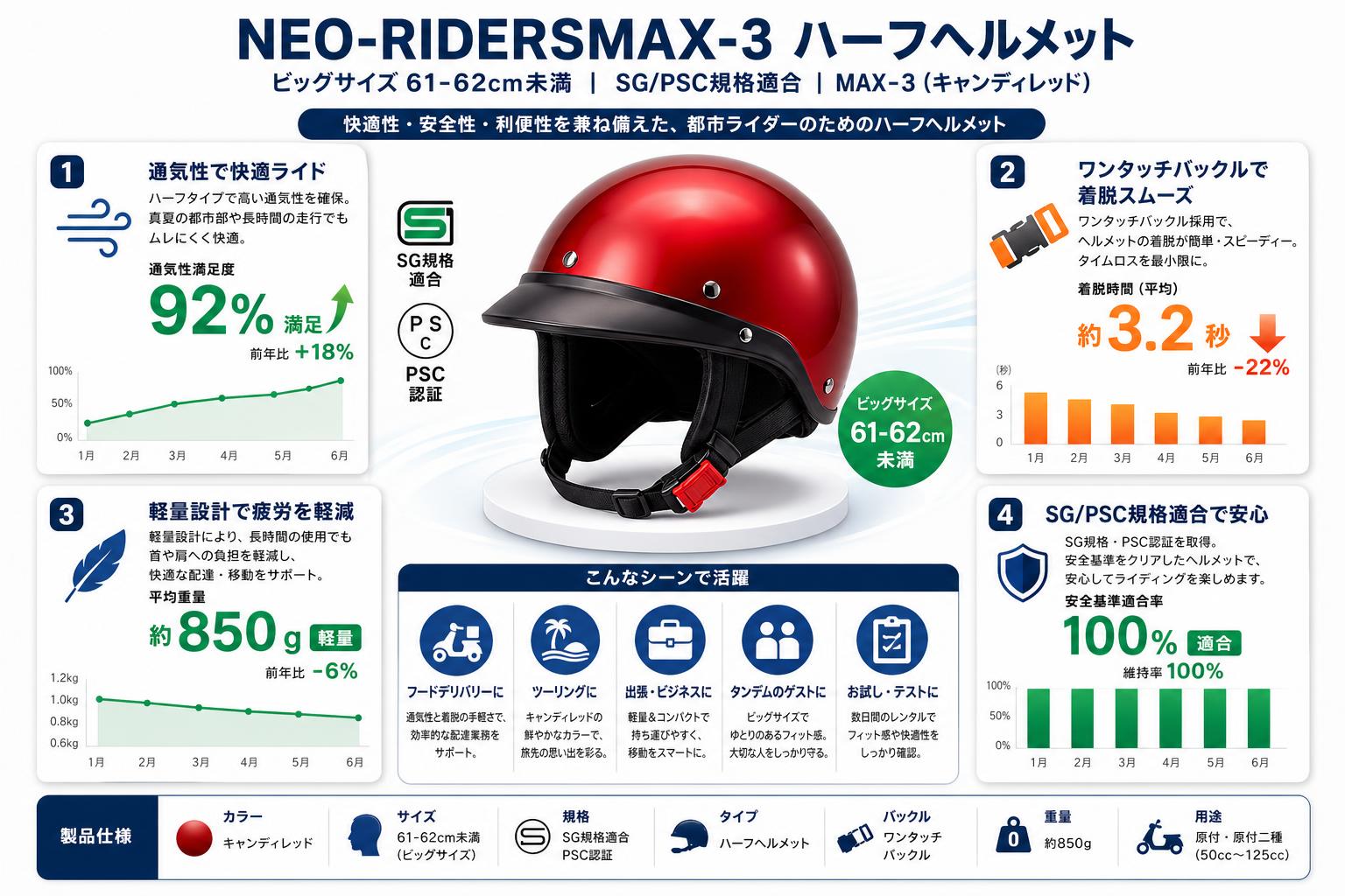 NEO-RIDERSMAX-3 ハーフヘルメット ビッグサイズ 61-62cm未満 SG/PSC MAX-3 (キャンディレッド) 用途