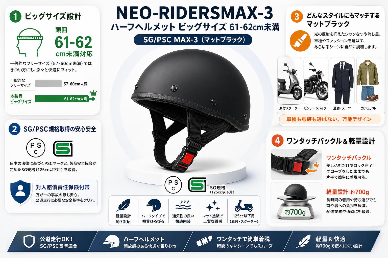 NEO-RIDERSMAX-3 ハーフヘルメット ビッグサイズ 61-62cm未満 SG/PSC MAX-3 (マットブラック) セールスポイント