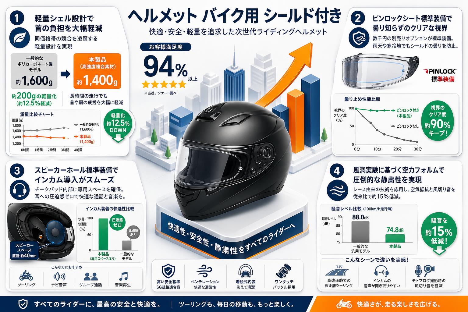 ヘルメット バイク用 シールド付き セールスポイント