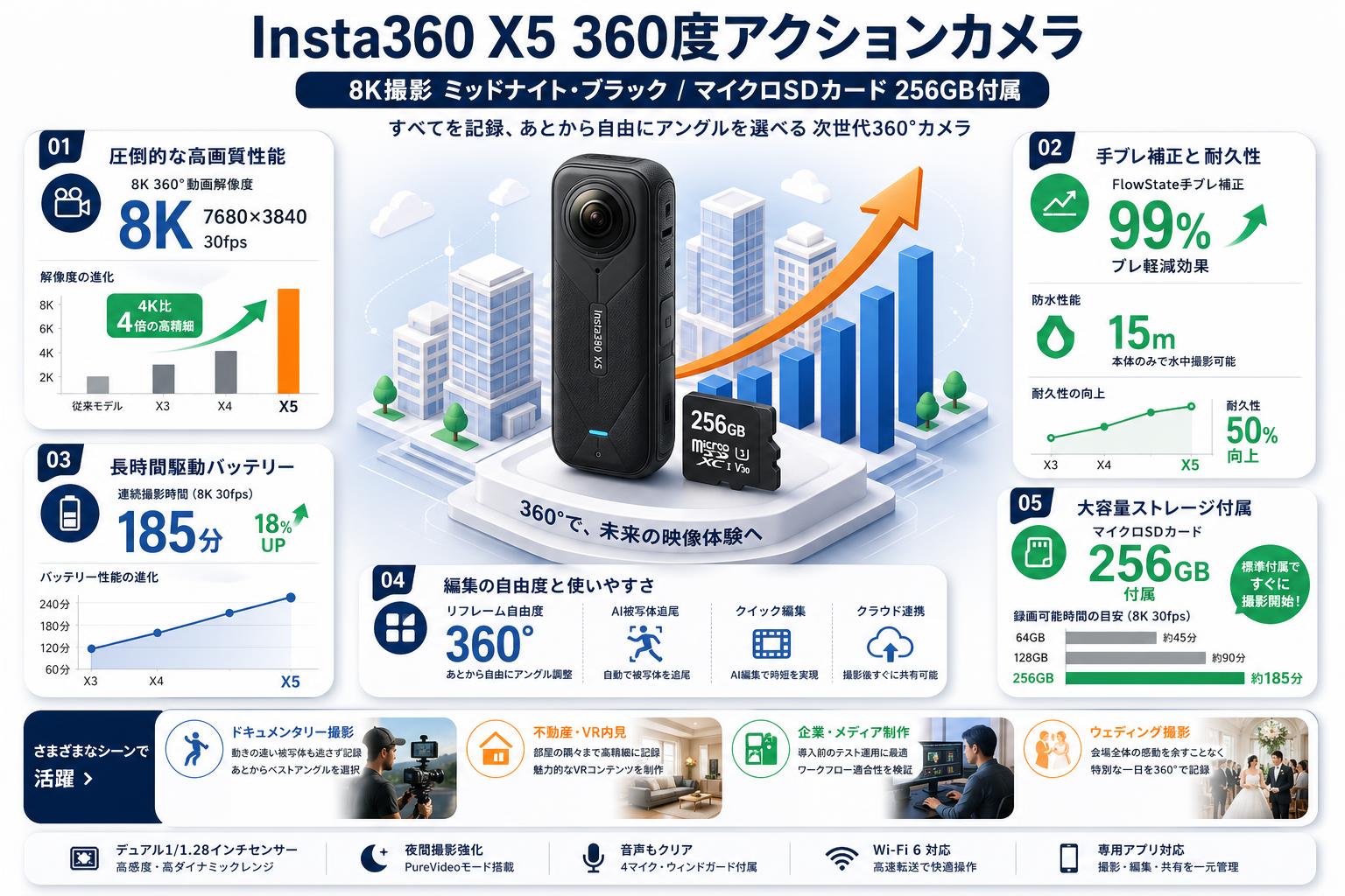 Insta360 X5 360度アクションカメラ 8K撮影 ミッドナイト・ブラック / マイクロSDカード 256GB付属 おもな対象のお客様