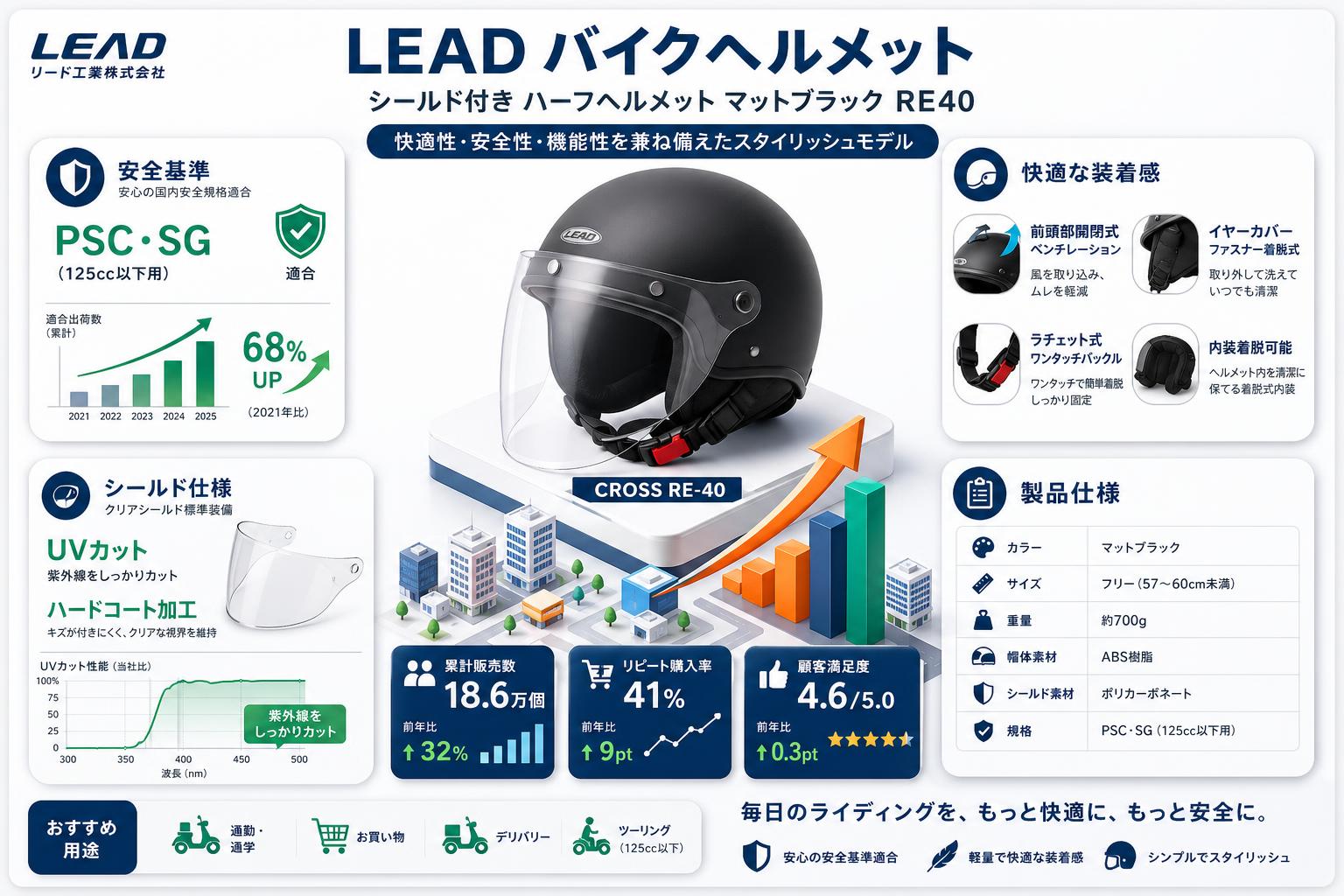 LEAD バイクヘルメット シールド付き ハーフヘルメット マットブラック RE40 スペック