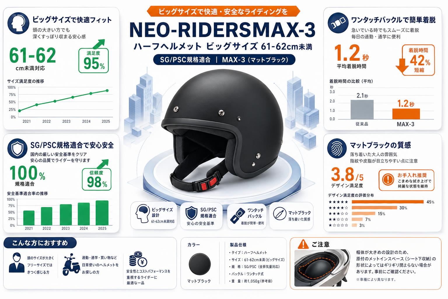 NEO-RIDERSMAX-3 ハーフヘルメット ビッグサイズ 61-62cm未満 SG/PSC MAX-3 (マットブラック) インターネット上のお客様の声（評判）