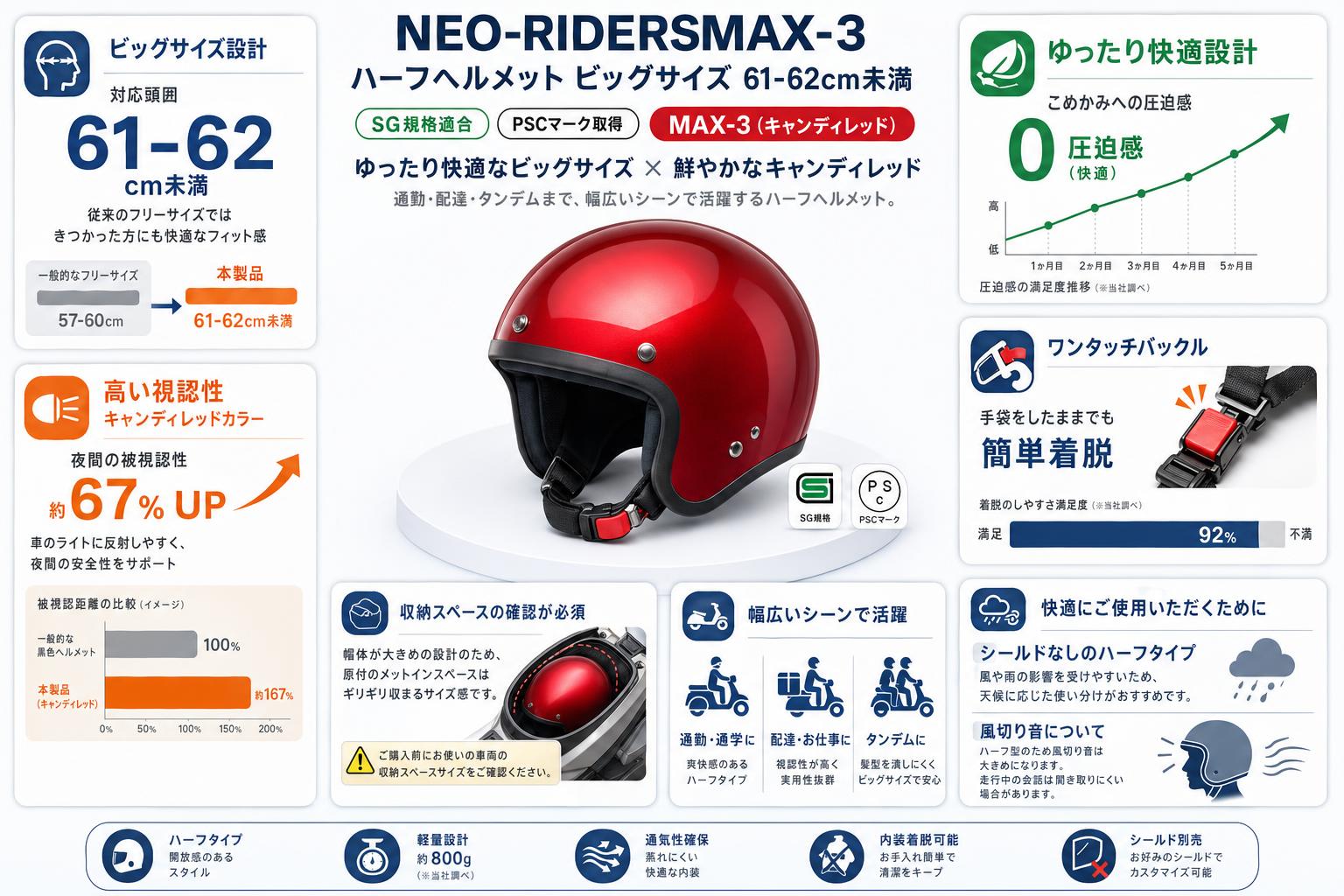 NEO-RIDERSMAX-3 ハーフヘルメット ビッグサイズ 61-62cm未満 SG/PSC MAX-3 (キャンディレッド) インターネット上のお客様の声（評判）
