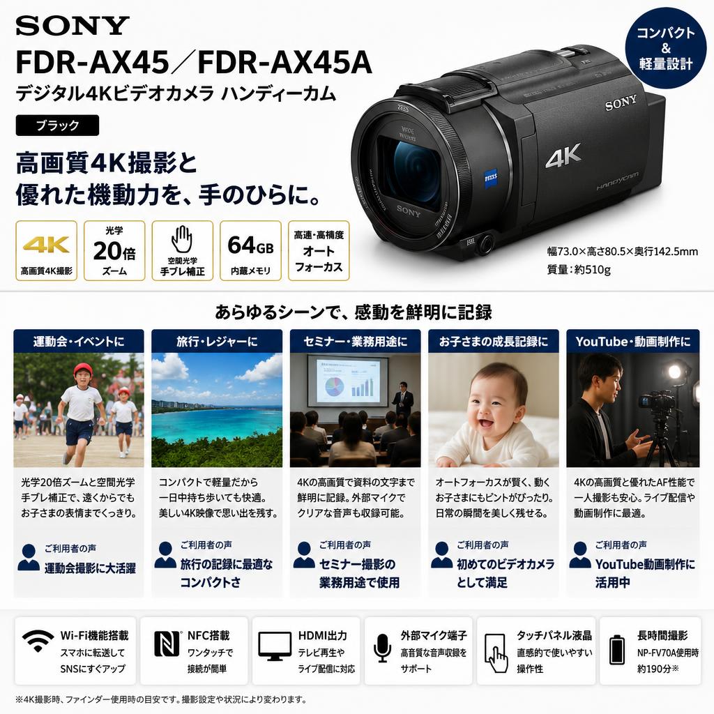 SONY FDR-AX45 ／FDR-AX45A（デジタル４Kビデオカメラ ハンディーカム） ブラック インターネット上のお客様の声（評判）